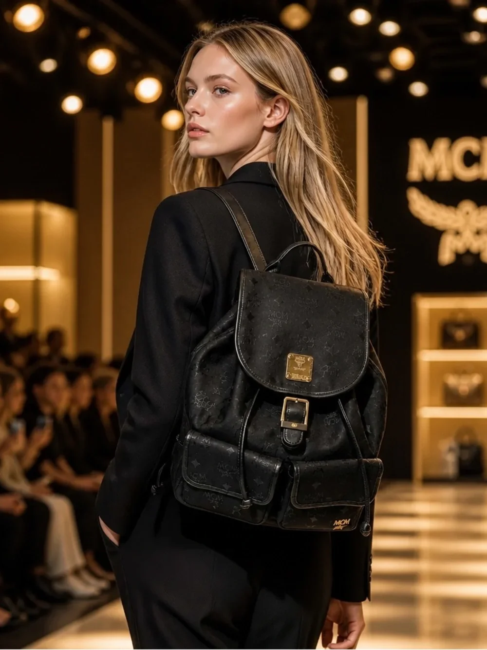 MCM Black Monogram Backpack with Gold-Plated Detail